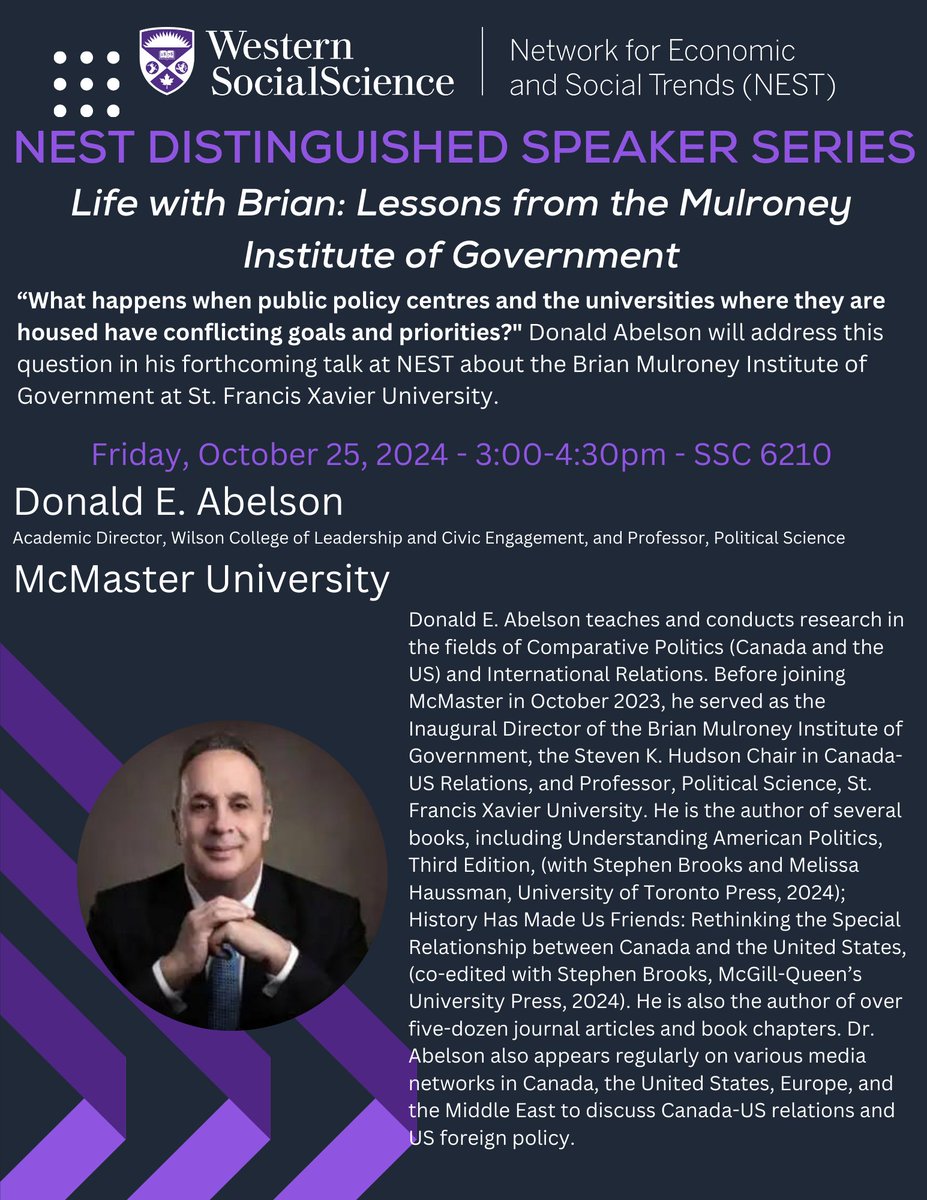 westernuNEST's tweet image. 🗓️ Mark your calendars! 
Join us for the NEST Distinguished Speaker Series featuring Donald E. Abelson from McMaster University .
🗣️ When: Friday, October 25, 2024, at 3:00 PM
📍 Where: SSC 6210
Don’t miss it! 
#NESTSeries #AcademicTalks