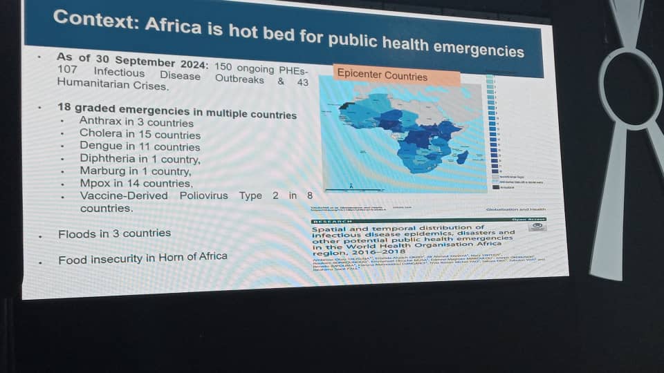 Jadwong's tweet image. Dr Ambrose Talisuna presenting the 22nd #DrMathewLukwiya Memorial Lecture at Hotel Africana in Kampala, Uganda.    

&quot;Africa is a hot bed for public health emergencies!

#jashc2024 
@WHOAFRO 
@WHOUganda