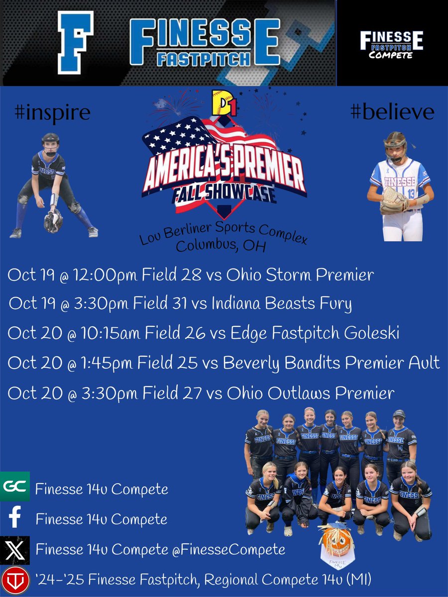 Excited to see these young ladies do what they love this weekend in Columbus at the <a href="/d1fastpitch1/">D1 Fastpitch</a> America’s Premier Fall Showcase! Blessed to share the field with our crew and those we get to compete with this weekend🙏🥎 <a href="/FinesseOrg/">Finesse Fastpitch</a>