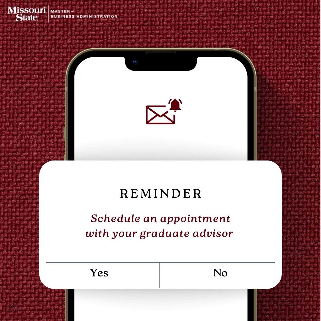 MOStateMBA's tweet photo. The registration sequence for the Spring 2025 semester starts at the end of this month!

Be sure to schedule an appointment with your advisor today. Call 417-836-5616 or stop by the office in Glass Hall, Room 105. Let’s make sure you’re on track for success this spring!

#MSUMBA https://t.co/R9zM3o2QlQ