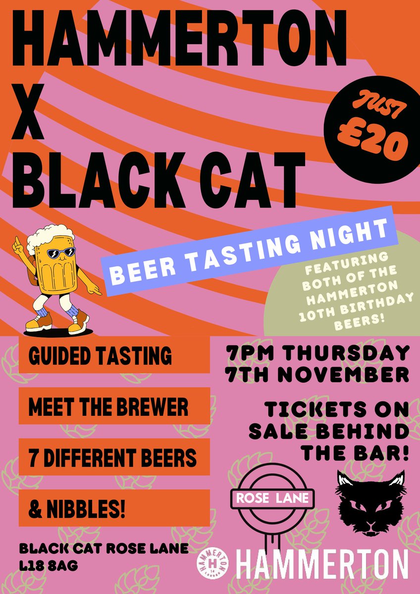 Black Cat, Liverpool (@blackcatliv) on Twitter photo Date for the diary.
Thursday Nov 7th our Rose Lane pub welcomes our good mates from that there London.
<a href="/HammertonBrew/">Hammerton Brewery</a> are joining us for a guided tasting of 7 beers including both of their 10th birthday beers!
Tickets available behind the bar at both pubs. Date for the diary.
Thursday Nov 7th our Rose Lane pub welcomes our good mates from that there London.
<a href="/HammertonBrew/">Hammerton Brewery</a> are joining us for a guided tasting of 7 beers including both of their 10th birthday beers!
Tickets available behind the bar at both pubs.