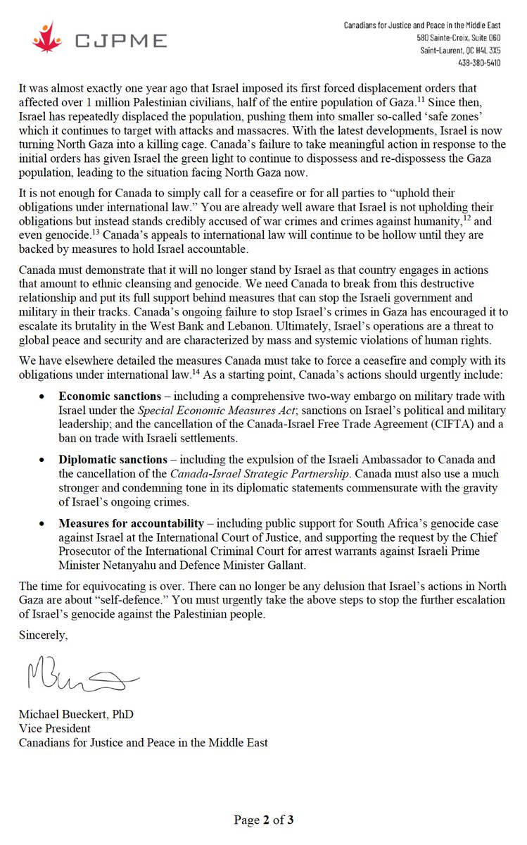 We are alarmed that Israel appears to be implementing the so-called "Generals' Plan," using forcible transfer and mass starvation to liquidate North Gaza. We have written to <a href="/melaniejoly/">Mélanie Joly</a> urging economic and diplomatic sanctions to stop Israel's ethnic cleansing and genocide.