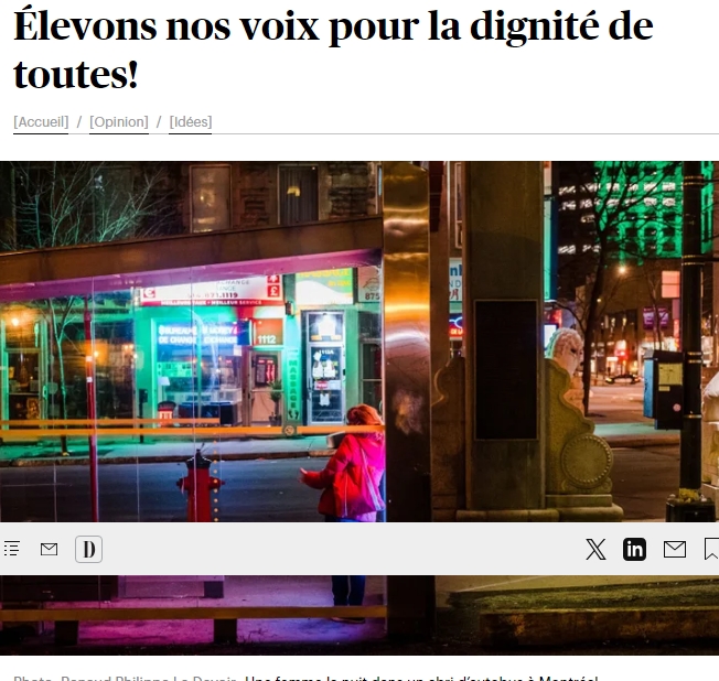 À la veille de la nuit des sans-abri qui sera soulignée dans plusieurs villes au Québec, le cri du cœur de femmes qui vivent de l’instabilité résidentielle et de travailleuses qui soutiennent celles qui basculent vers la rue. bit.ly/48bzSda 
#NuitDesSansAbri