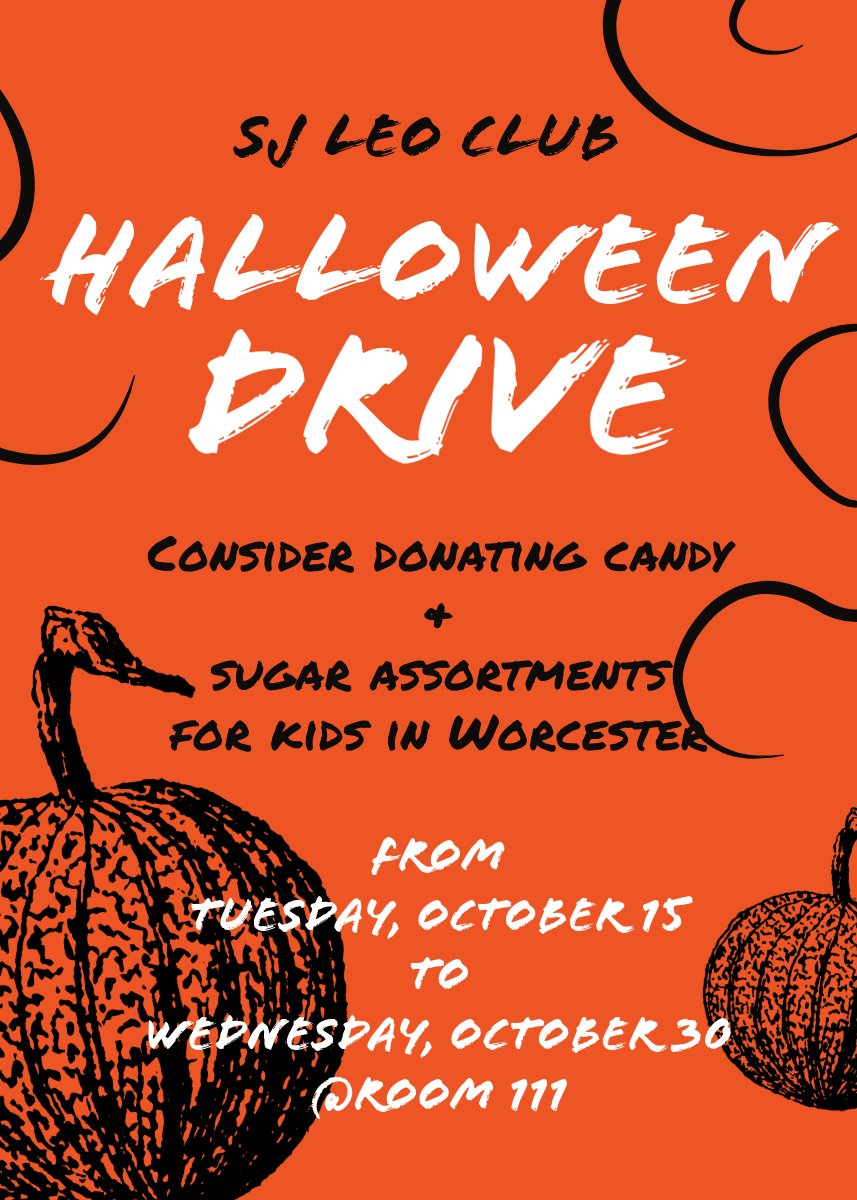 SJShrewsbury's tweet image. PIONEERS! Don't forget!
In support of the 9th Annual Worcester Hill-O-Ween, Leo's Club at SJ will be collecting candy to distribute among the impoverished neighborhoods in Worcester.
We will be collecting the treats until 10/30.
🍬🍭