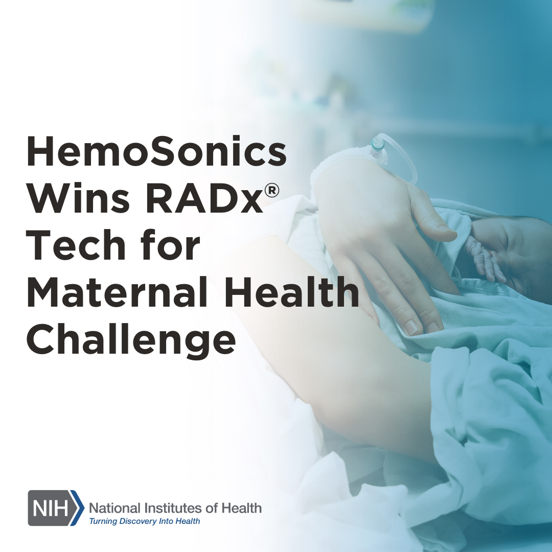 We are thrilled to announce that HemoSonics has been named a grand prize winner of the RADx® Tech for Maternal Health Challenge. <a href="/NICHD_NIH/">NICHD News</a> <a href="/NIH/">NIH</a> #RADxTechMaternalHealth #NIH_IMPROVE bit.ly/3UeCwcx