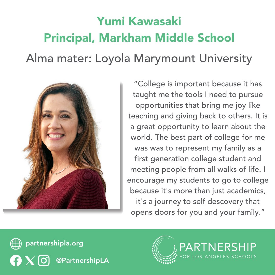 Meet Yumi Kawasaki, Principal <a href="/newmarkham/">EdwinMarkhamMS</a> and graduate of <a href="/LoyolaMarymount/">Loyola Marymount University</a>.  We are grateful for her incredible leadership, ensuring students have access to necessary resources, and for her #edequity focus. #NationalPrincipalsMonth #CollegeGoingCulture #PartnershipLANetwork