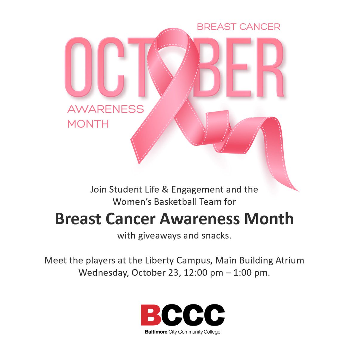 my_bccc's tweet image. Join BCCC&apos;s Student Life &amp;amp; Engagement and Women&apos;s Basketball Team for Breast Cancer Awareness Month with giveaways and snacks. Meet the players at the Liberty Campus, Main Building Atrium on Wednesday, October 23 from 12:00 - 1:00 pm. #bccc #BreastCancerMonth #BCCCPanthers…