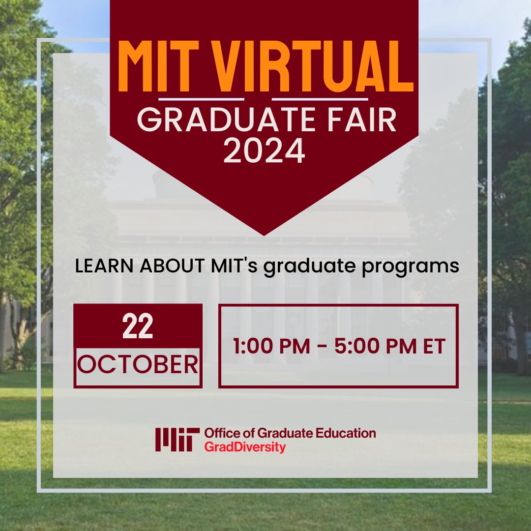 Save the Date and join us next week for MIT's Virtual Graduate Fair on Tuesday, October 22 from 3PM–5PM ET. This event is an opportunity for prospective graduate students to learn about MIT's 47 graduate programs and summer research opportunities.

events.zoom.us/ev/AuuN5AZgwwC…