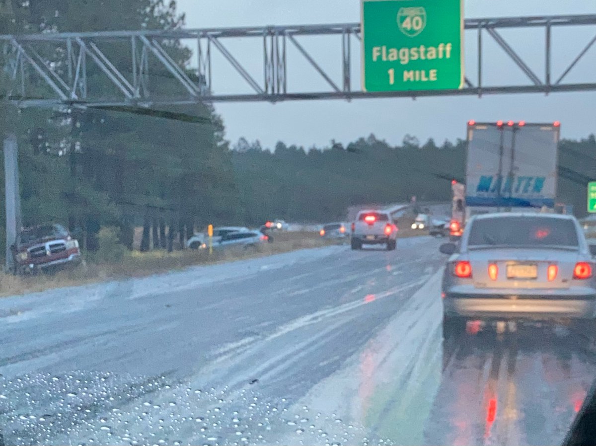 Storms in the Flagstaff area are dropping rain and hail this morning creating slushy and slick roads. Another cell is approaching town and will bring rain and hail through 9 AM. Please slow down and use caution on the roads. #azwx