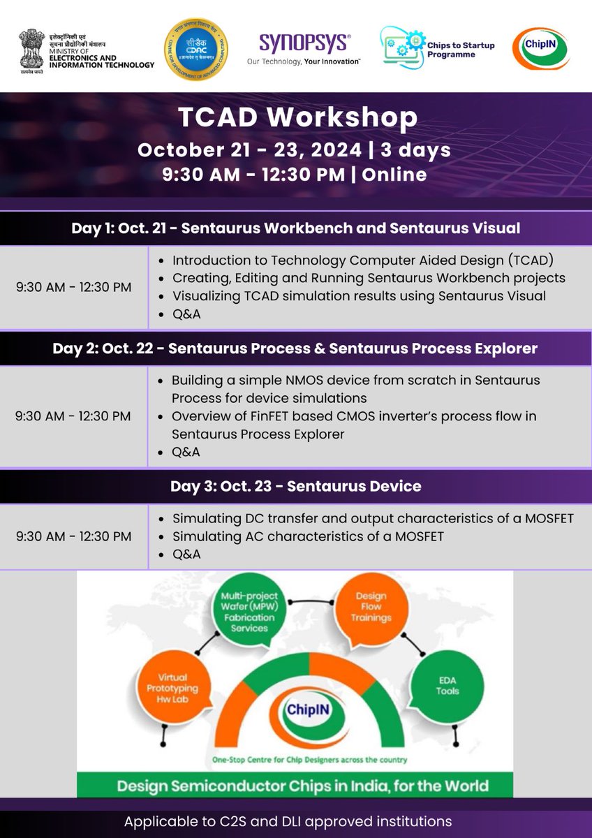 _DigitalIndia's tweet image. 📢 @ChipIN_GoI 🇮🇳 invites for 3-day Workshop on Device and Process design using TCAD tools from Synopsys from 21-23rd Oct'2024.

🎯 All students, researchers, faculty members &amp;amp; Start-ups are eligible to attend from 216 organizations under #C2S Programme &amp;amp; 35 Start-ups under #DLI