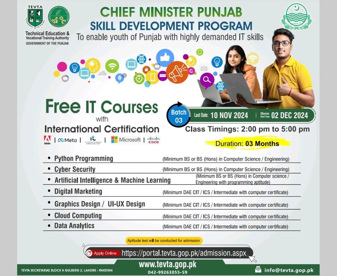 MaryamNSharif's tweet image. CM Skill development program: Punjab govt offering Free IT courses for the youth, with international certification in Cybersecurity, Artificial Intelligence and Machine Learning, Digital Marketing, Graphic Design, Cloud Computing, Data Analytics &amp;amp; Python Programming. Hurry!