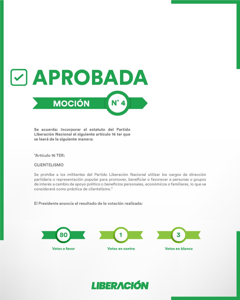 🟢 Aprobamos la Moción N°4 en la Asamblea Nacional. Con esta reforma, reforzamos nuestro compromiso de erradicar el clientelismo en nuestro partido. 

#AsambleaNacional #LiberaciónNacional