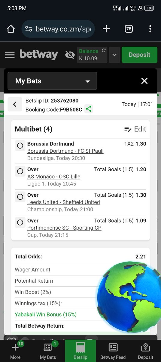 I just placed a bet with Betway. Tap here to copy my bet or search for this booking code in the Multi Bet betslip F9B508C betway.co.zm/sport/soccer?b…