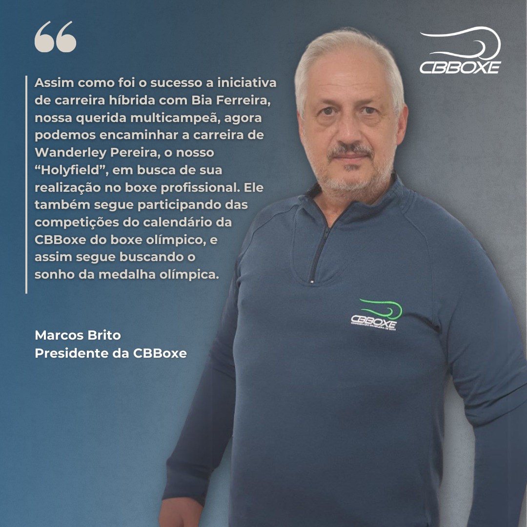 APOIO! 🥊🇧🇷

Após o exemplo de sucesso de Bia Ferreira, é a vez de Wanderley Pereira, o Holyfield, ir para a carreira híbrida, dividindo o ciclo no boxe olímpico e profissional! Desse modo, o presidente da CBBoxe Marcos Brito, apoia e deseja sucesso ao vice-campeão mundial!