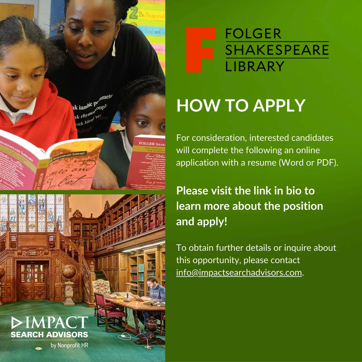 Join the <a href="/FolgerLibrary/">Folger Shakespeare Library</a> development team! The organization is looking for an Associate Director of Development, Major &amp; Planned Gifts to help grow major gifts and planned giving efforts. Learn more and apply: nonprofithr.com/professional-s… #ImpactSearchAdvisors #NowHiring