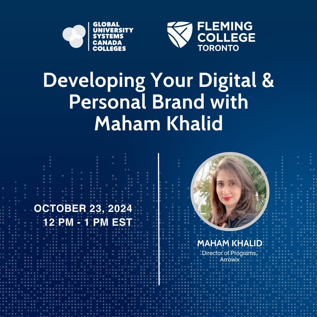 fleming_toronto's tweet photo. Join us at the GUS Canada College Fall 2024 Career for an exclusive workshop, Developing Your Digital &amp; Personal Brand with special guest speaker Maham Khalid, on October 23, at 12 p.m. on Mirvish Campus.

Register here: https://t.co/3KpMdOkxl4

#FCT #CareerFair https://t.co/cXzm3vbO8l