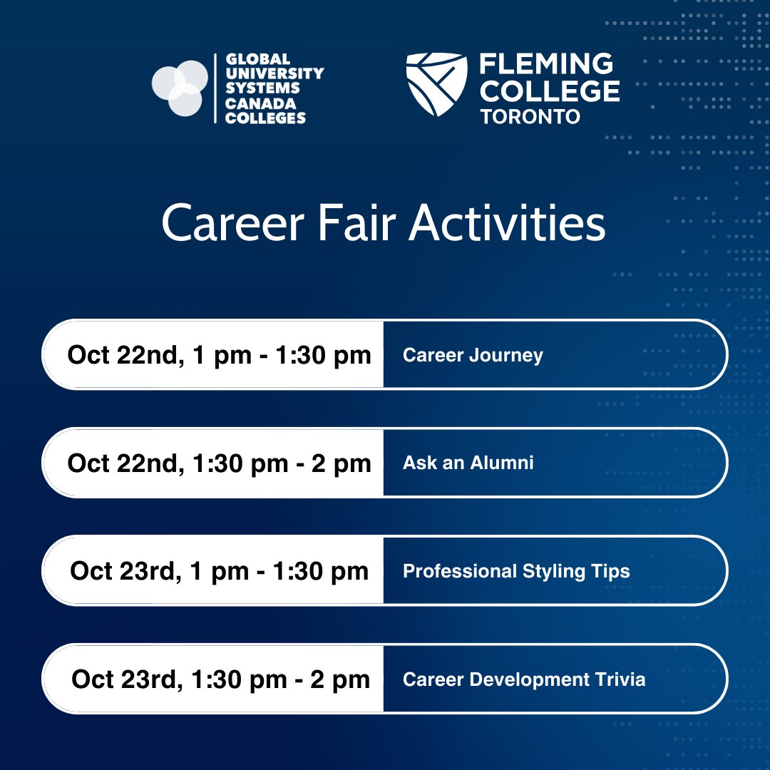 fleming_toronto's tweet photo. Exclusively at the GUS Canada Colleges Fall 2024 Career Fair, the FCT Career Services team will be offering a variety of professional development sessions in the Student Lounge at Mirvish Campus! 

Register here: https://t.co/EnnbSt1wD7

#FCT #Careerfair #GCC https://t.co/KIlNkQ8e8H