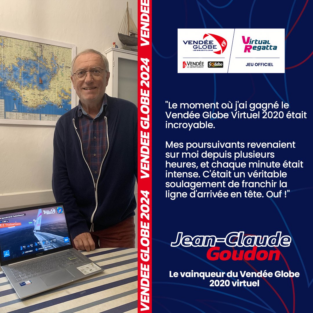 VirtualRegatta's tweet image. 🚀 Tigrou 26120, grand vainqueur du @VendeeGlobe Virtuel 2020 ? 🏆⛵️

Jean-Claude Goudon a franchi la ligne en 68j, 22h et 16mins, avec seulement 1m 30 d’avance sur son poursuivant ! Cette année, c&apos;est à vous de vivre cette course folle !

Inscrivez-vous sur #VirtualRegatta  ! 🌍