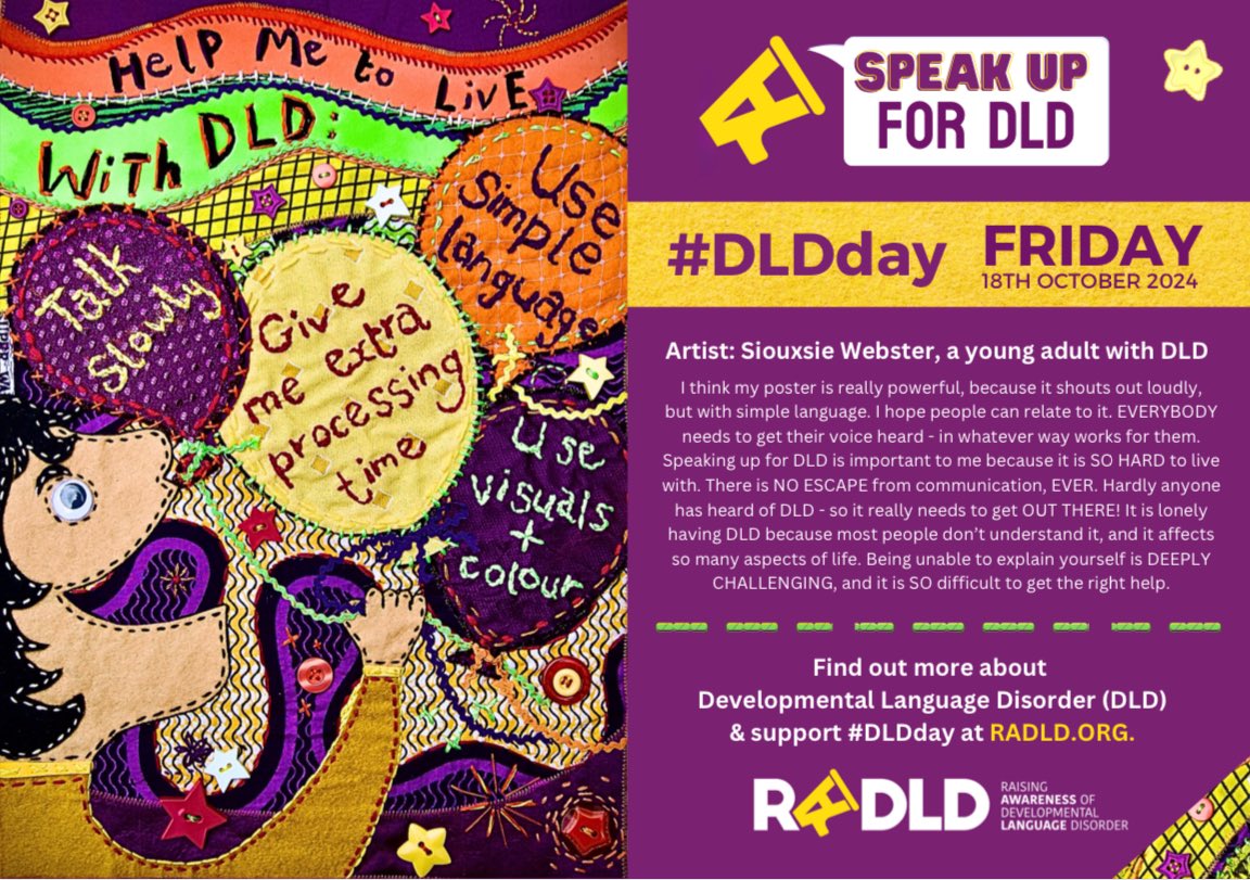 October 18 is #DLDday! <a href="/RADLDcam/">RADLDcampaign</a> defines Developmental Language Disorder as, “a hidden but common disability that affects 1 in 14 people causing difficulties understanding and using language for no known reason”. Let’s Speak Up for DLD!!