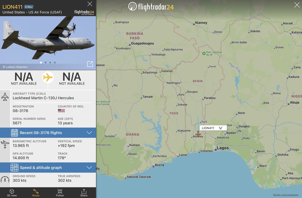 fabsenbln's tweet photo. #Benin🇧🇯 - Rare: Earlier today a USAF🇺🇸 C-130J Hercules (reg. 08-3176 | #AE4AF1) flew from Accra🇬🇭 via Cotonou further north into the country, very likely to Parakou (Tourou airport). #LION411 https://t.co/yRX7xoBzTE