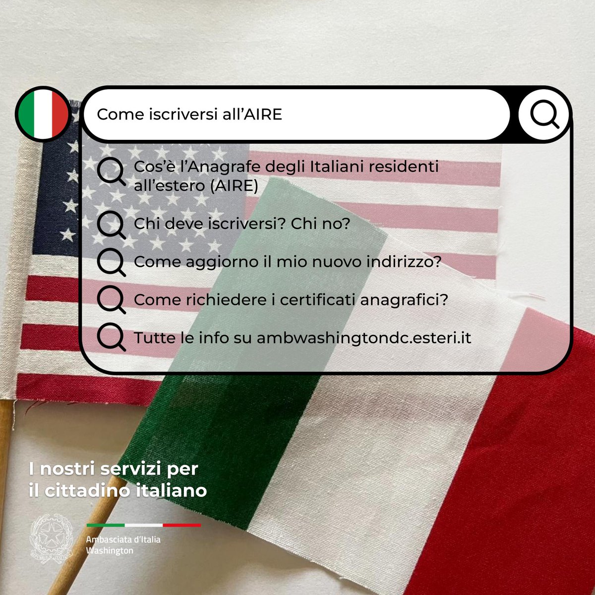 🇮🇹 🇺🇸 #alserviziodeicittadini 
Come iscriversi all’AIRE?
👉 ambwashingtondc.esteri.it/it/servizi-con…