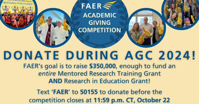 #FAERagc is going strong as #ANES24 gets underway, with 50% / $175K of our goal raised!

Let’s get this weekend started with a bang 🧨😊🎆 – donate at FAER.org/AGC &amp; help us reach our $350K goal in support of #anesthesiology’s up-&amp;-coming researchers!

#TheFutureIsFAER