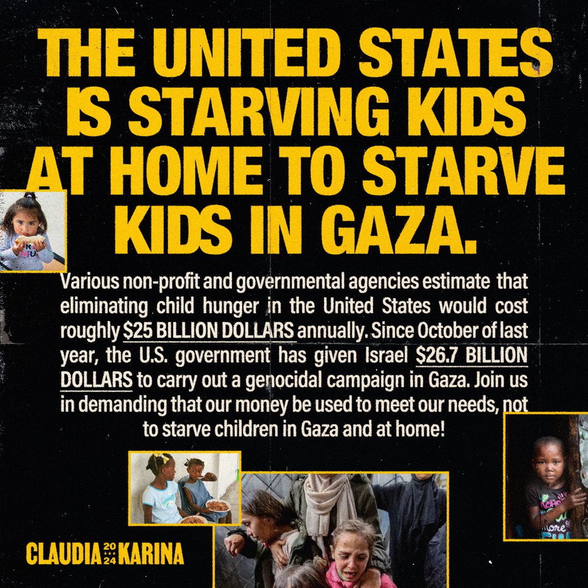 In the past year, the United States has given more than $26 billion in aid to the genocidal Israeli regime that is refusing to let food into Gaza for weeks at a time.

While children are being starved in Gaza with the financial backing and support of the U.S., children are being