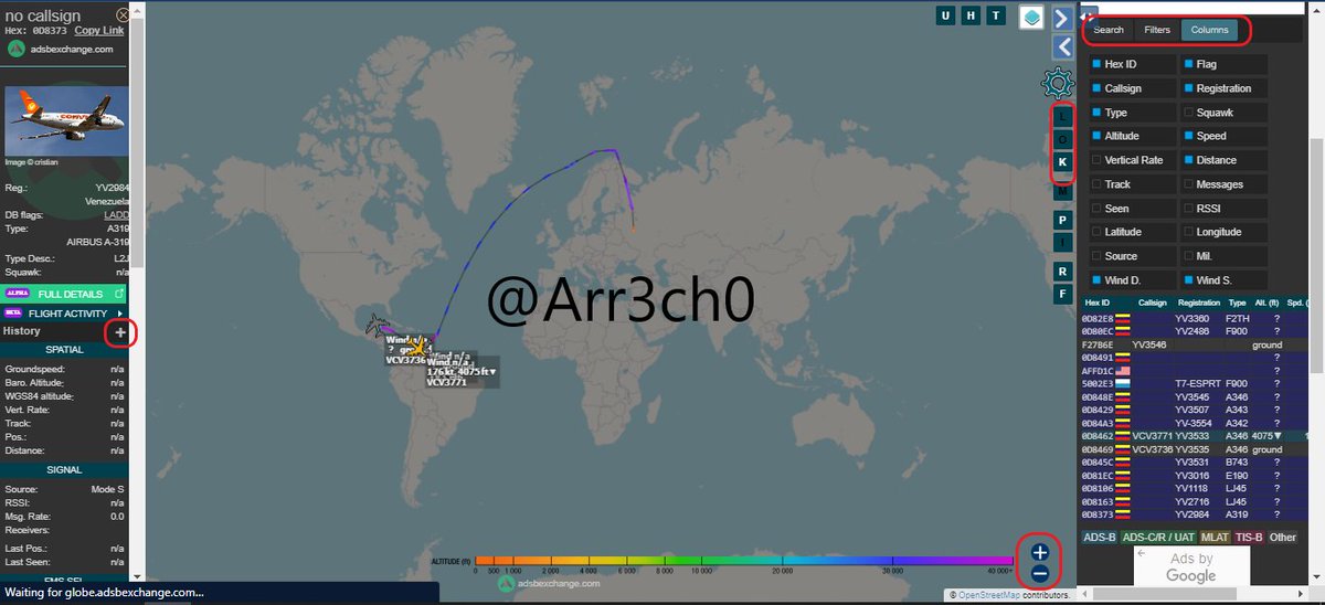 Arr3ch0's tweet image. 📌Actualicé el link donde pueden ver el movimiento actual y las últimas 24hrs de las aeronaves más usadas por la dictadura de Maduro. Incluí al YV1004 que retornó de Iran luego de más de 2 años y medio allá.
LINK👉🏻globe.adsbexchange.com/?icao=0d82e8,0…