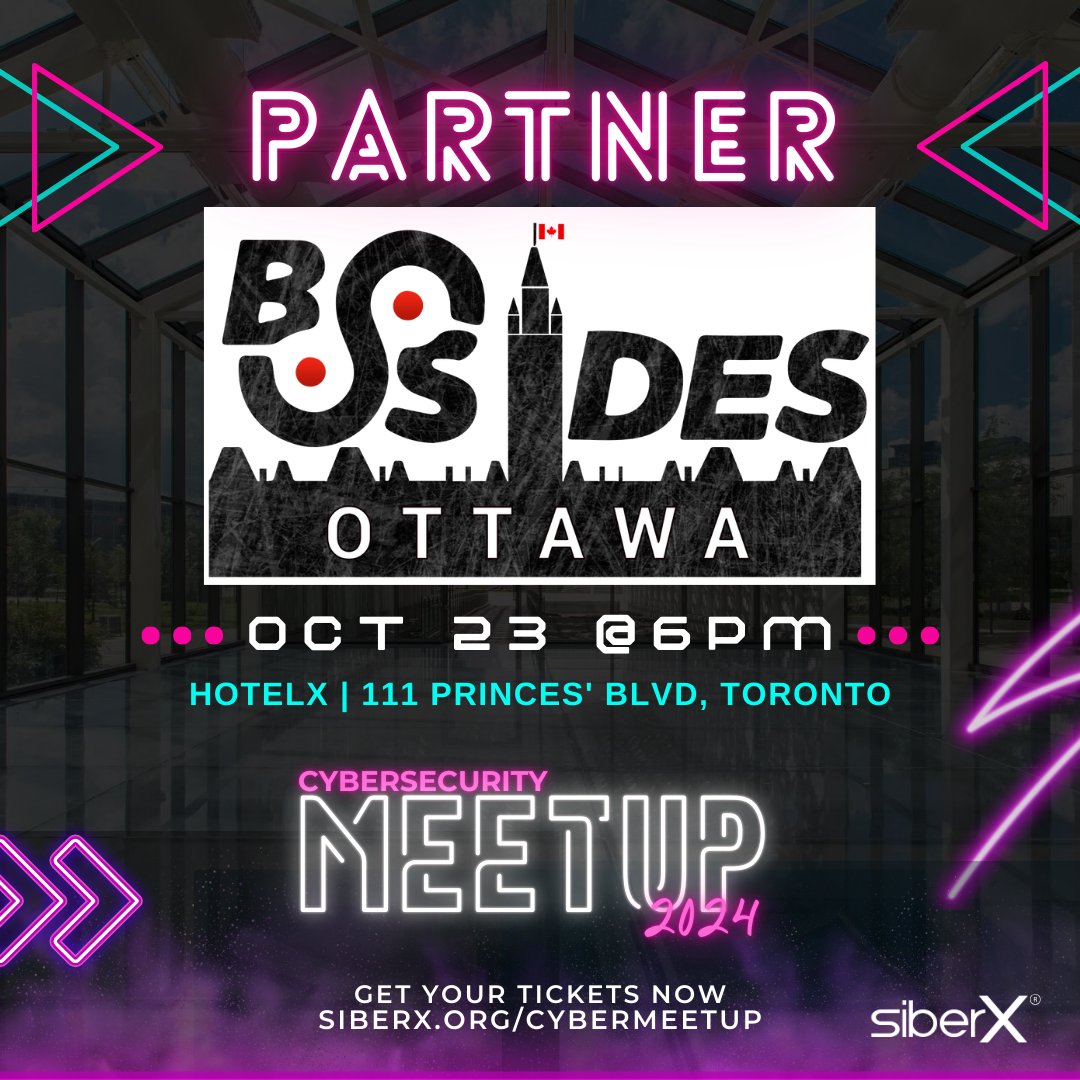 🎉 Going to #SecTor? 🎉

Join us at the #CyberMeetUp AFTER PARTY hosted by <a href="/siberxorg/">siberX</a> on Oct 23 @ 6 PM at HotelX!

Unwind with Canada’s top #cybersecurity pros, enjoy great food, and vibe to a cyber DJ! 🎧🍴

Ask us about the <a href="/SecurityBSides/">Security BSides</a> community and #BSidesOttawa2024!