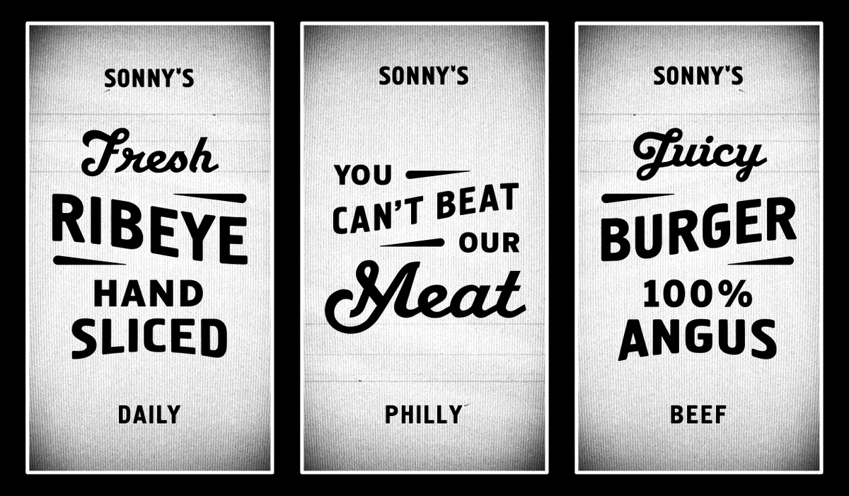 Working out some type lock-ups for sidebars on the digital menu boards we're designing for Sonny's in Philly.

Next step will be adding some motion to the typography overlayed with video clips of staticky vintage TV grain to bring things to life.