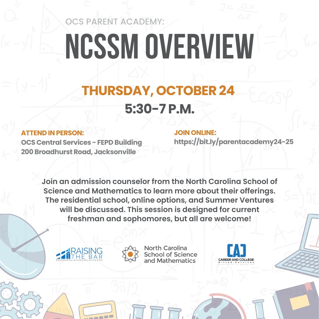Next week, OCS will host a Parent Academy session all about the NC School of Science and Mathematics. Come learn more about the school and their offerings! 
Join us in person at the OCS Central Office on Thursday, October 24 at 5:30 p.m. or virtually at bit.ly/parentacademy2…