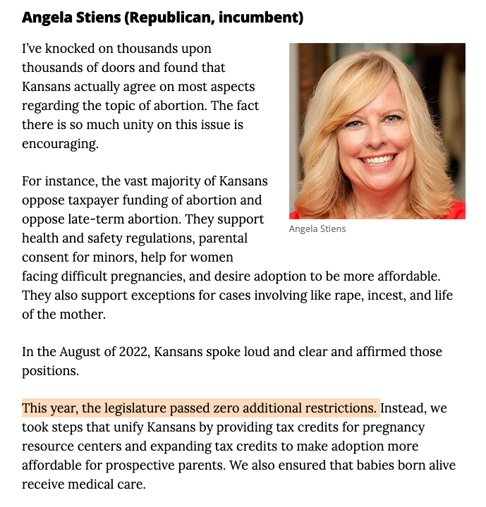 Wrong. Angela Stiens is lying to Kansas voters. Angela Stiens supported a bill that requires women to report their private medical information to the government. She voted to override the Governor's veto. It's now a law. #ksleg