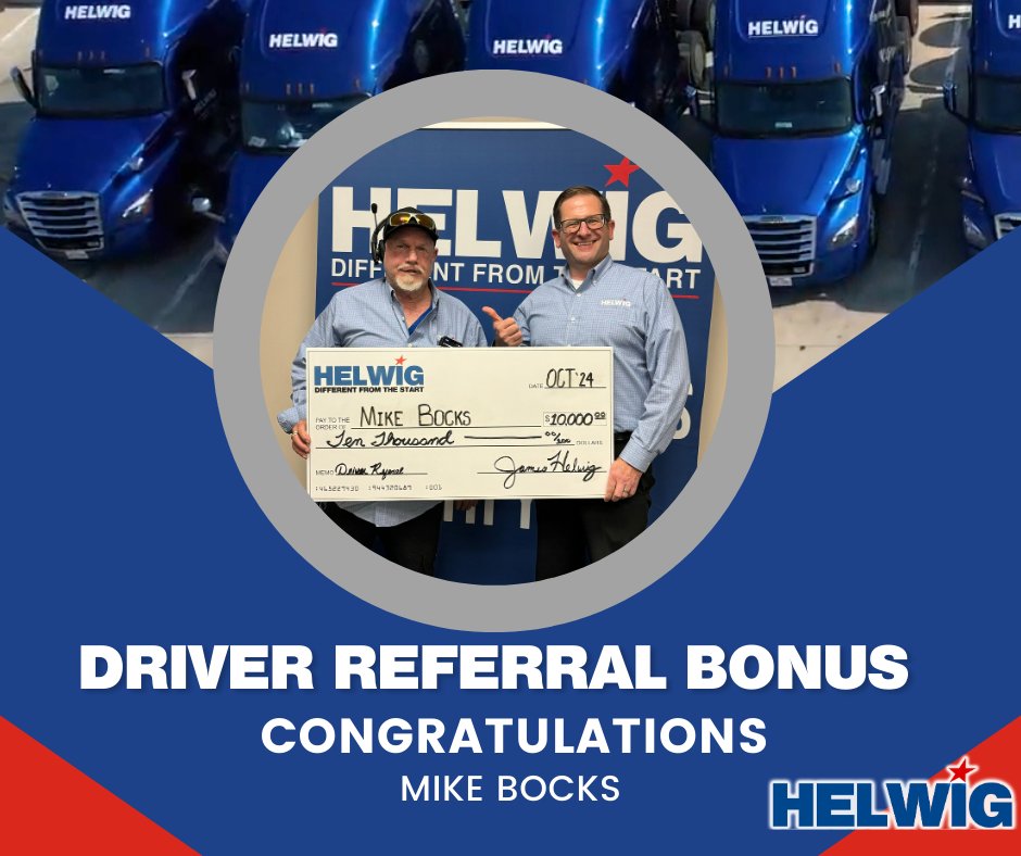 🎉 Big shoutout to Mike Bocks, who just earned his $10,000 driver referral bonus this week! 🚛 Mike's been with J.S. Helwig &amp; Son for almost 4 years and doesn’t plan on stopping those referrals anytime soon. Keep them coming, Mike! 💪 

#HelwigFamily #DriverReferral