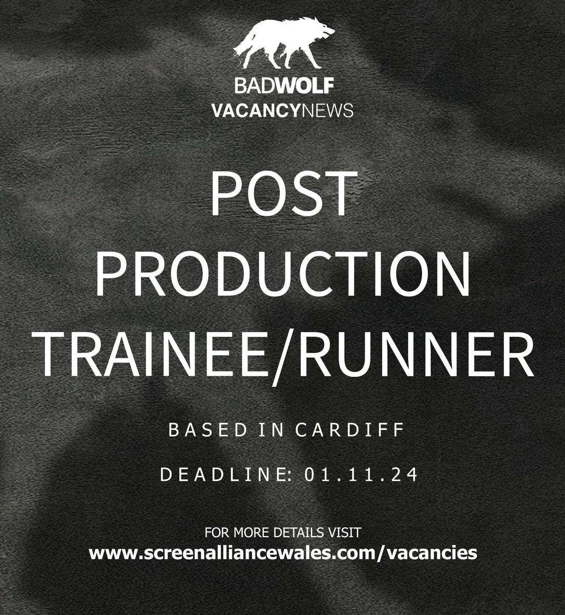 NEW VACANCY📢📢

<a href="/BadWolf_TV/">Bad Wolf</a> are seeking a 'Post Production Trainee/Runner' to join their team!

✨Deadline is MIDDAY (12pm) on 1st November!

Head over to screenalliancewales.com/vacancies to apply!