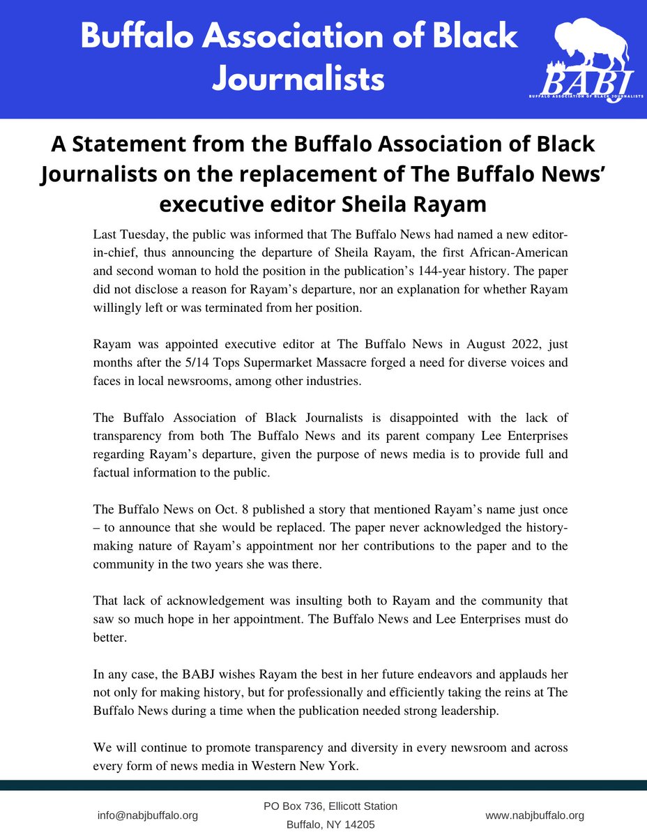 NABJ_Buffalo's tweet photo. Our statement regarding the replacement of Sheila Rayam at @TheBuffaloNews. https://t.co/Wtj13NG6sc