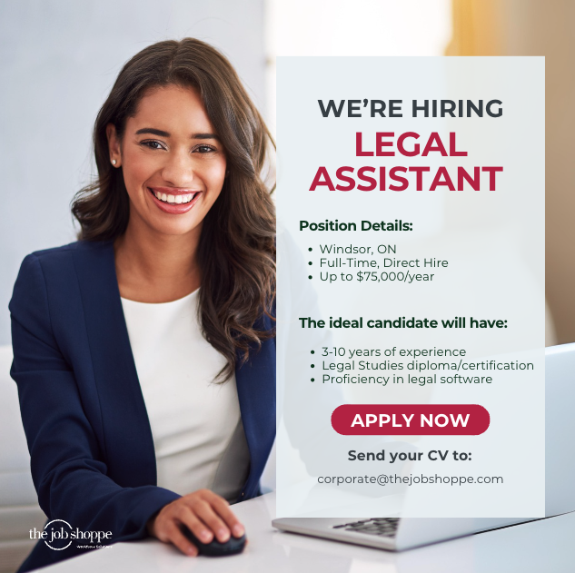 thejobshoppe's tweet photo. #NowHiring: #LegalAssistant 

Join a top legal team in Windsor, ON! If you're organized, detail-oriented, &amp; have 3-10 yrs of experience as a Legal Assistant, this role is for you!

💼 Full-Time | Up to $75k/yr
📧 Apply: corporate@thejobshoppe.com

#WindsorJobs #TheJobShoppe https://t.co/kk5wKcuq6d