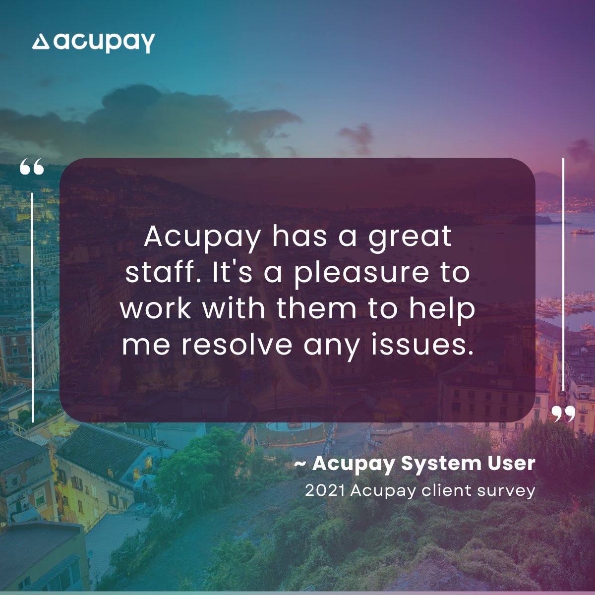 Acupay's tweet photo. We are grateful for our clients' kind words! 🌟

At Acupay, we're dedicated to providing top-notch support and resolving challenges with care. Thank you for trusting us—we're here to help you succeed!

#PostTradeSolutions #GlobalTaxCompliance #InvestmentTaxRelief https://t.co/sq2Y8PJGol