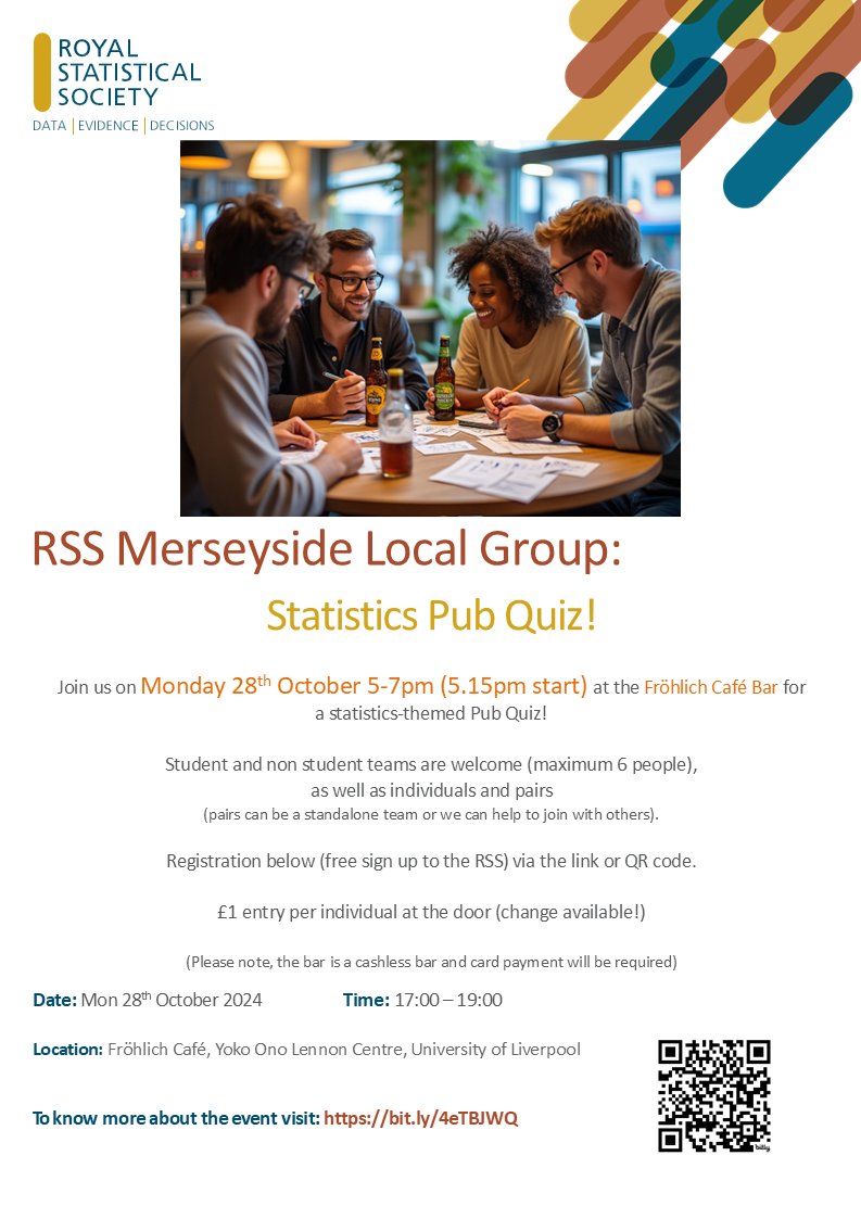 Join us on Monday 28th October 5-7pm (5.15pm start) at the Frohlich Cafe Bar, Yoko Ono Centre (University of Liverpool) for our Statistics Pub Quiz!  

For details and registration see here  👇

bit.ly/4eTBJWQ (event registration page)