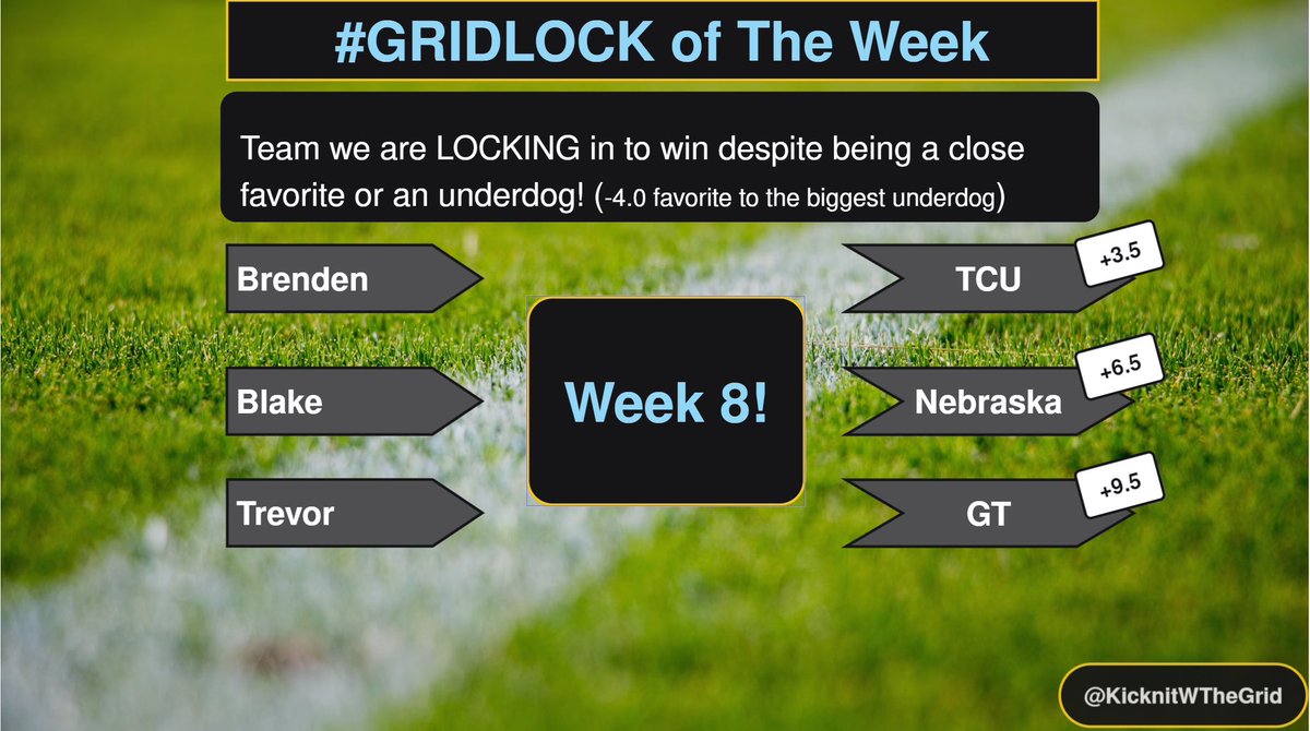 KicknitWTheGrid's tweet image. 🚨 Week 8 preview! 🚨

Went through and gave our thoughts on each of these games below. Expect another week of chaos! 

#Gridlock picks are in! We all got them right last week. Who gets theirs this week? Drop yours in the comments! 

-Texas has their first real test against a…