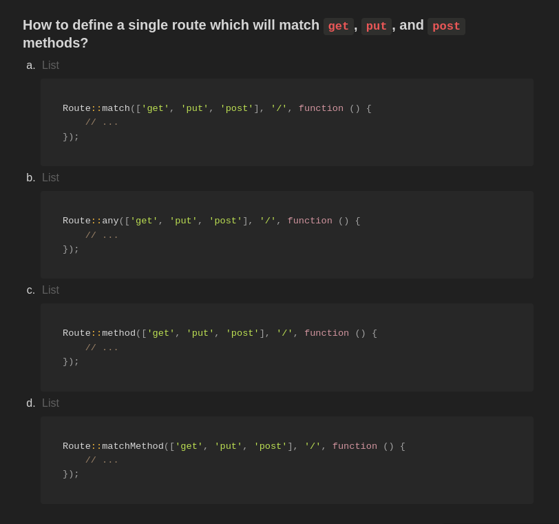 thecodeholic's tweet image. 📝 Quiz time! 📝
A question from my "Laravel for Beginners" course! 🎓
How to define a single route which will match get, put, and post methods? 🤔💡
Drop your answers below! 👇👇
And follow me for more Laravel content. 🙏
#Laravel #LaravelQuiz #CodingChallenge #TheCodeholic