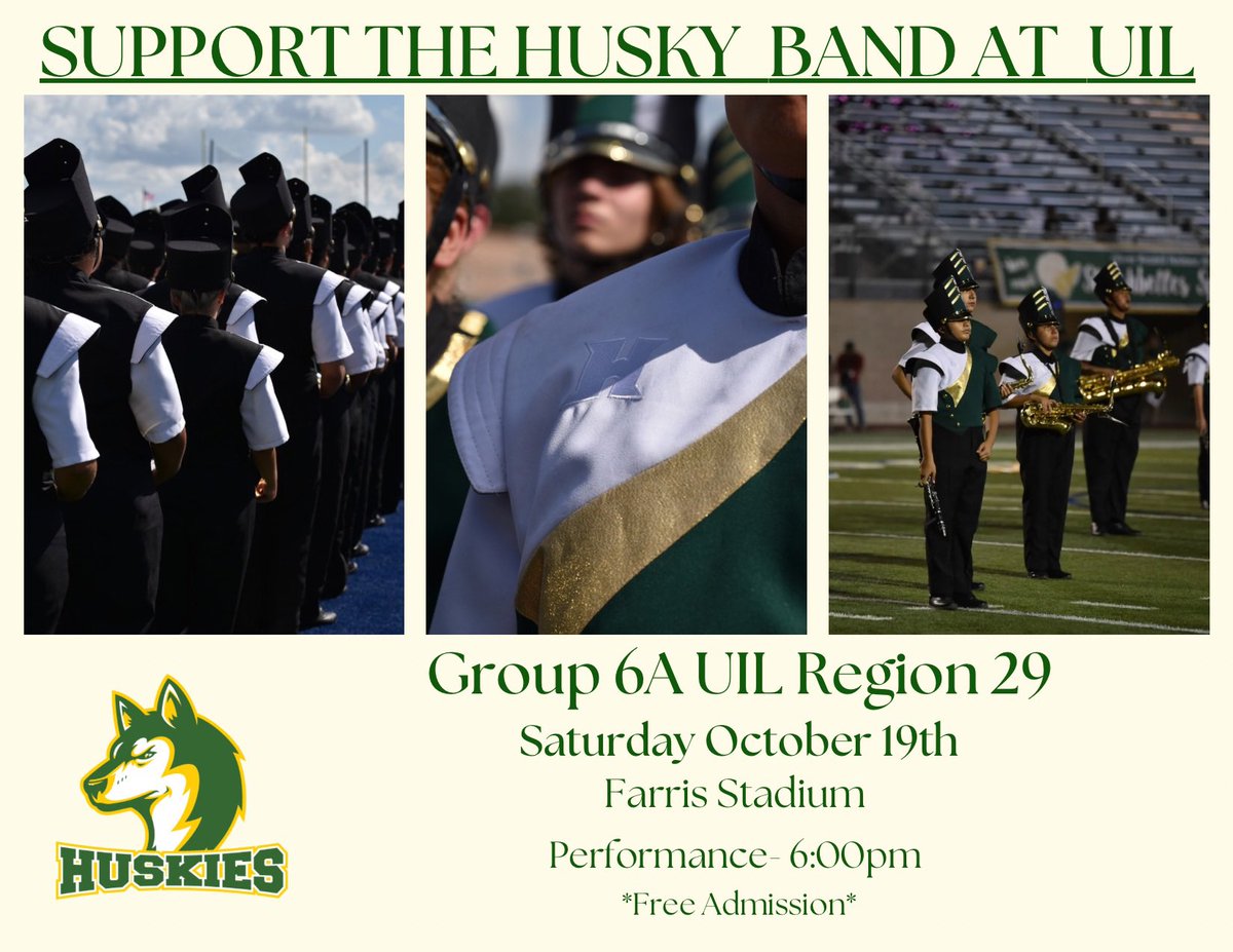 Come and support the Husky Band tomorrow Saturday October 19 at Farris Stadium at the Region 29 UIL Marching Contest. We will perform “Fire and Grace” at 6 PM. Admission is free. 💚💛