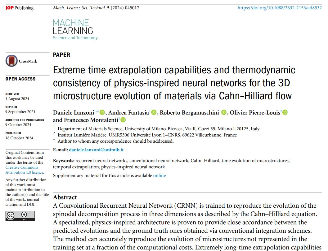 MLSTjournal's tweet photo. Great new work by Olivier Pierre-Louis, Francesco Montalenti et al @iLM_RECHERCHE @UnivLyon1 @unimib-'Extreme time extrapolation capabilities....#physics-inspired #neuralnetworks for the 3D #microstructure....'- https://t.co/IbSjaiDioj #machinelearning #materials #PINNs #statphys https://t.co/tM9Da4q5fP