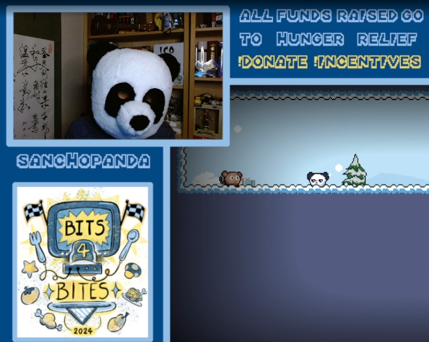 I need you to know that if you missed the Bits4Bites stream, you missed SanchoPanda playing a game about a panda while cosplaying as a panda.

Also, we raised $9.8k this year. WHAT?!?! So great. TY to all who donated. <3