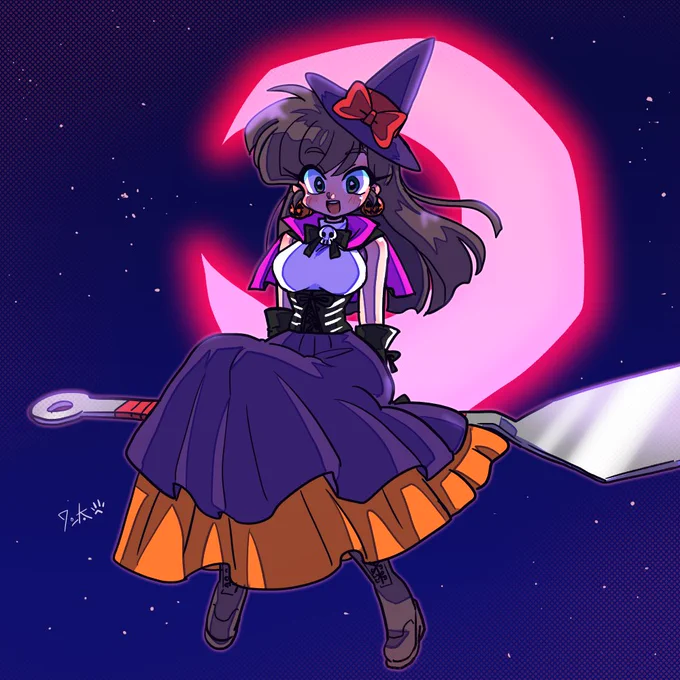 魔法のヘラで飛ぶ魔女さん 