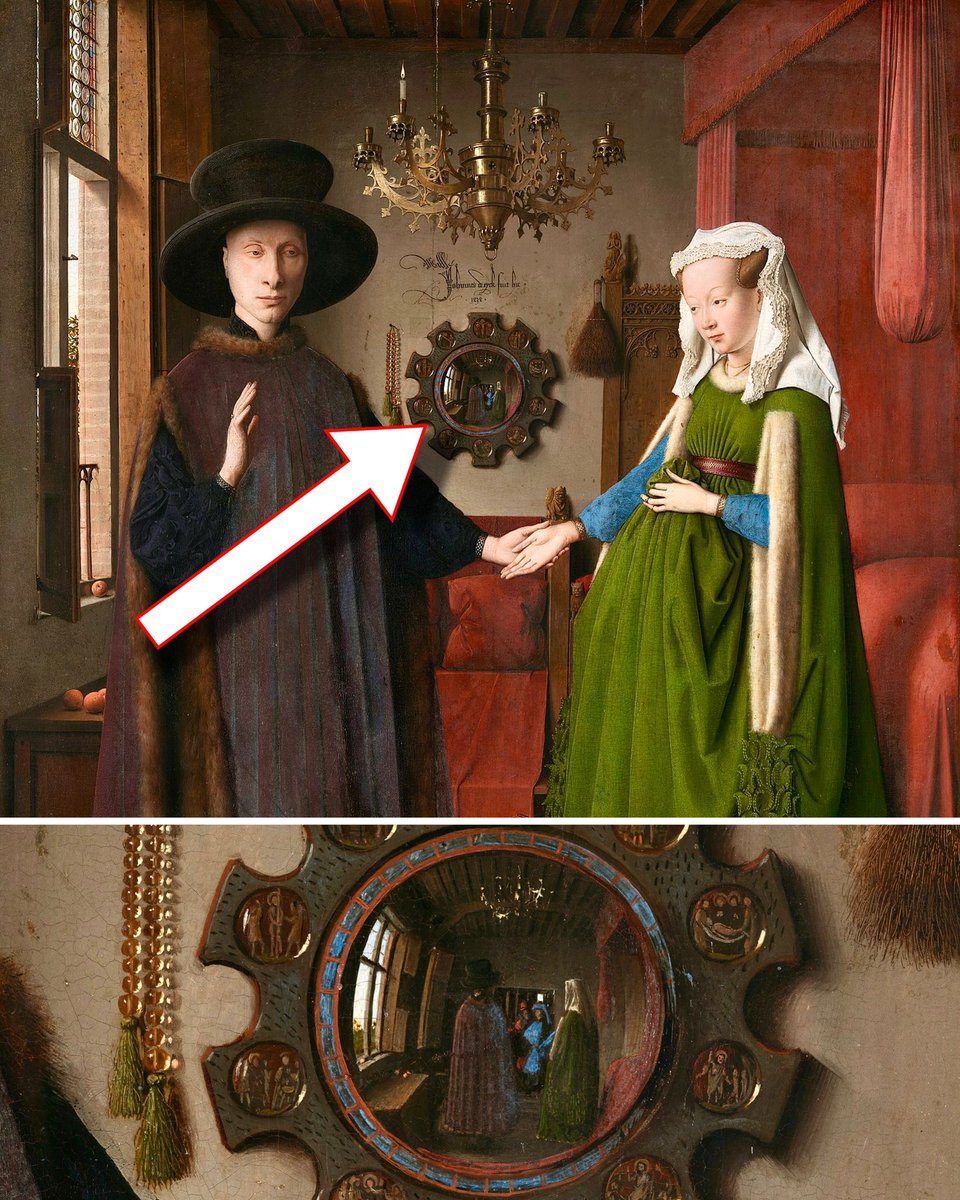 Jouhatsu_ai's tweet photo. Cette peinture vieille de 600 ans est l'une des plus mystérieuses de l'histoire.

Ce miroir au fond ne fait que 5 cm de large - et pourtant, il reflète toute la pièce avec d'immenses détails.

En y regardant de plus près, vous vous rendrez compte que rien n'est ce qu'il semble être... Thread 🧵