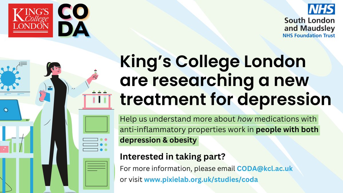 👩‍🔬NEW STUDY - NOW RECRUITING!

Are you living with #obesity &amp; #depression but feel that your antidepressant isn’t helping? The CODA Study looks at using minocycline to target high #inflammation 

Participants will be reimbursed for their time

🔗Take part: pixielab.org.uk/studies/coda