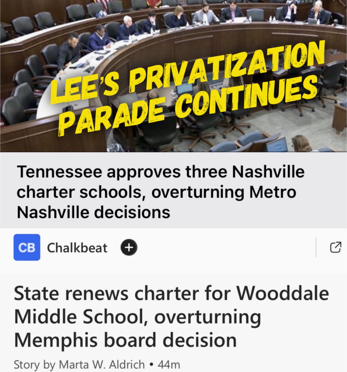 TheTNHoller's tweet photo. UPDATE: @GovBillLee’s rigged charter school appeal board just overturned local decisions in NASHVILLE &amp; MEMPHIS, steering public school funds to privately run charter schools they rejected. 

Lee’s attack on public Ed continues in plain sight. https://t.co/fjfWVPfkao https://t.co/EOA0aXYsYC