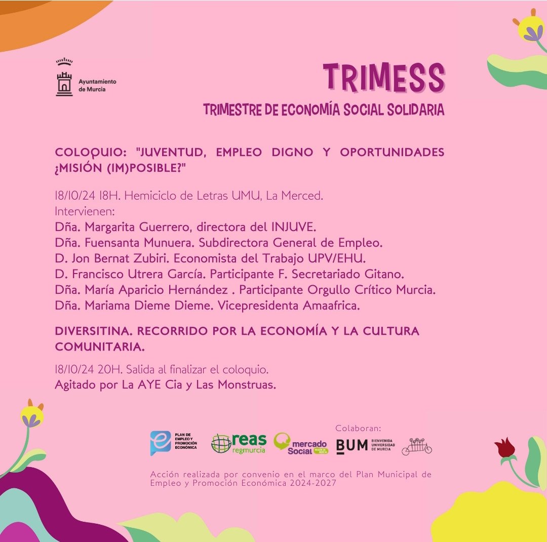 reasmurcia's tweet photo. 📢 En menos de una hora empezamos con el COLOQUIO "JUVENTUD, EMPLEO DIGNO Y OPORTUNIDADES ¿MISIÓN (IM)POSIBLE?" 

📍 Lugar: Hemiciclo de Letras, Universidad de Murcia. La Merced

Te esperamos!!
#TrimESS #BienvenidaUMU #EconomíaSocialySolidaria https://t.co/Dr6QxL6KvW
