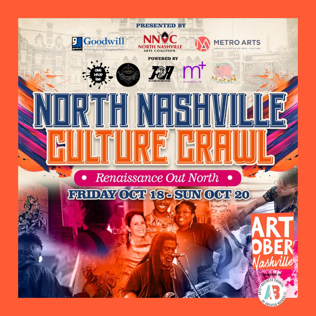 North Nashville Culture Crawl, Oct 18-20. Celebrate culture &amp; creativity across North Nashville and the 37208 district. 

Learn more at artobernashville.org

#ArtoberNashville #Artober #NashvilleArts #RenaissanceOutNorth

Artober Content Partner: RSVP Nashville