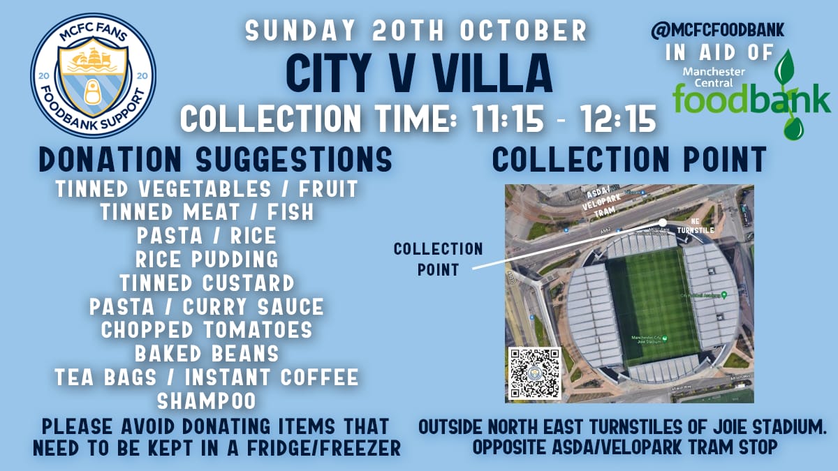 On Sunday <a href="/ManCityWomen/">Manchester City Women</a> welcome <a href="/AVWFCOfficial/">Aston Villa Women</a> to the Academy Stadium for our 3rd WSL collection of the season!

🍉 non-perishable food + toiletries
🕑 11:15 - 12:15
🩵 in aid of <a href="/McrFoodbank/">Manchester Central Foodbank</a>

Look forward to seeing travelling Blues + Villains 🤝 #HungerDoesntWearClubColours